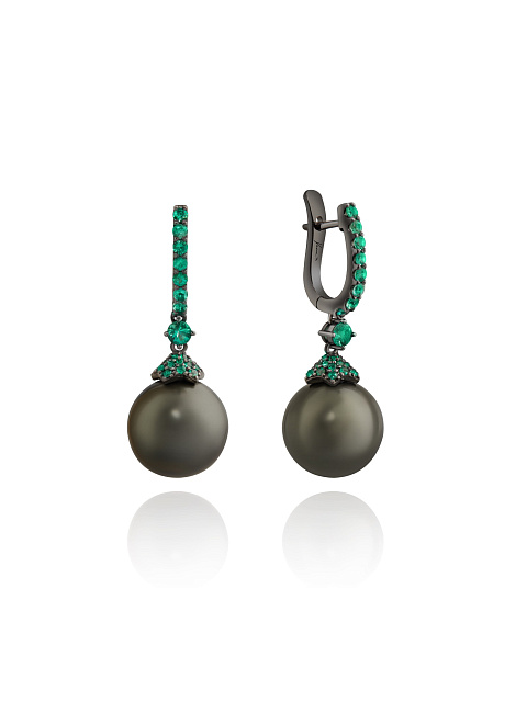 Blackened gold earrings with black pearls and emeralds, 1 Blackened gold earrings with black pearls and emeralds, 1