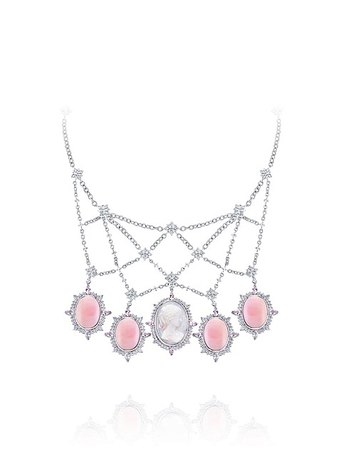 White Gold 5 Senses Cameo & Morganite & Opal & Diamond Necklace, 1
