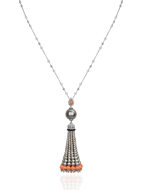 White Gold & Round Diamond & Pearl & Coral Tassel Necklace, 1