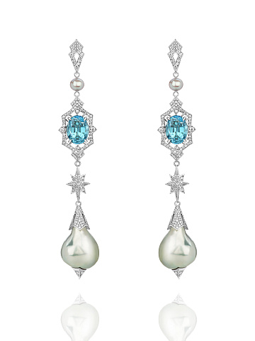 White Gold Zircon Pearl Diamond Earrings, 1