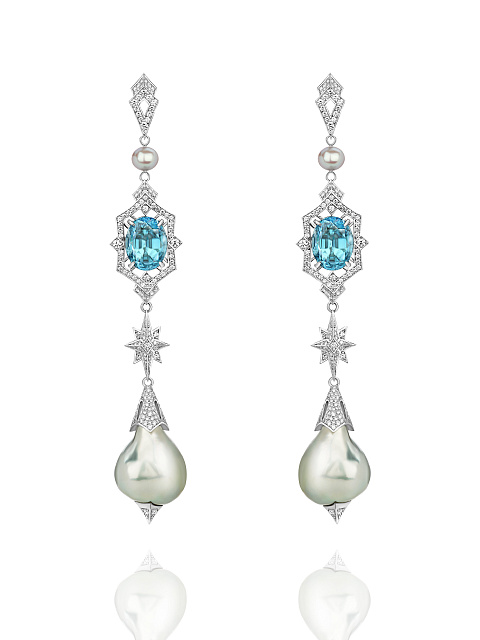 White Gold Zircon Pearl Diamond Earrings, 1