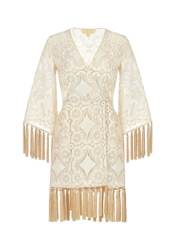 Light Beige Fringe Cotton Lace Wrap Dress, 1