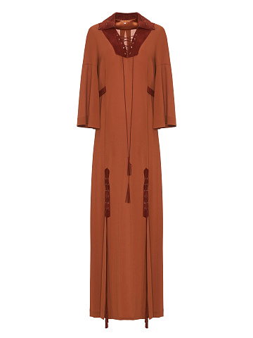 Brown Suede Trimmed Chiffon Maxi Dress, 1