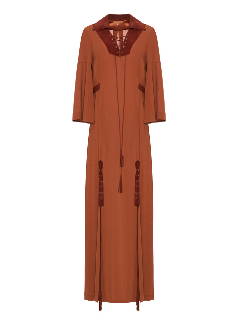Brown Suede Trimmed Chiffon Maxi Dress, 1