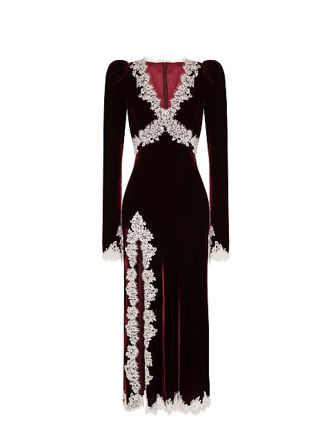 Burgundy velvet midi dress with white lace, 1