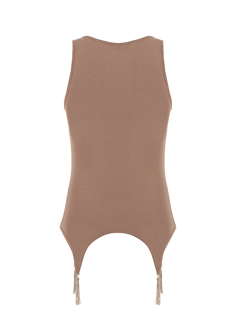 Beige Cotton Beaded Tassel Top, 2