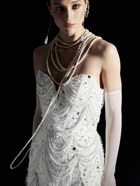 White Pearls & Rhinestones Silk Mini Dress, 2