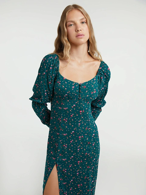 Green Floral Print Midi Dress, 5