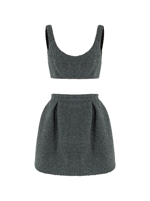 Grey Boucle Wool Top & Mini Skirt Set, 1 Grey Boucle Wool Top & Mini Skirt Set, 1
