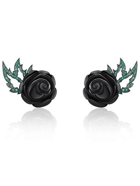 Oxidized gold stud earrings with emeralds and carved onyx roses, 1