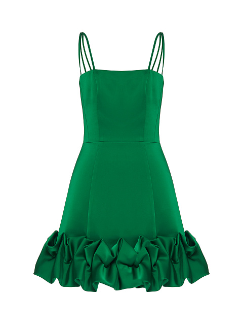 Emerald Green Satin Mini Dress With Puffs, 1