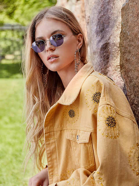 Flower Embroidered Orange Denim Jacket, 5