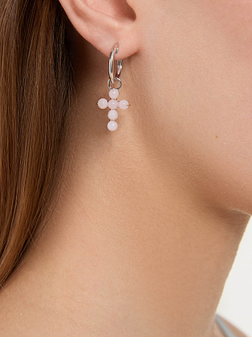 White gold hoops with cross pendants set with pink opal, 2