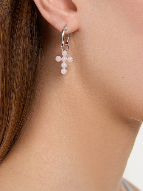 White gold hoops with cross pendants set with pink opal, 2 White gold hoops with cross pendants set with pink opal, 2