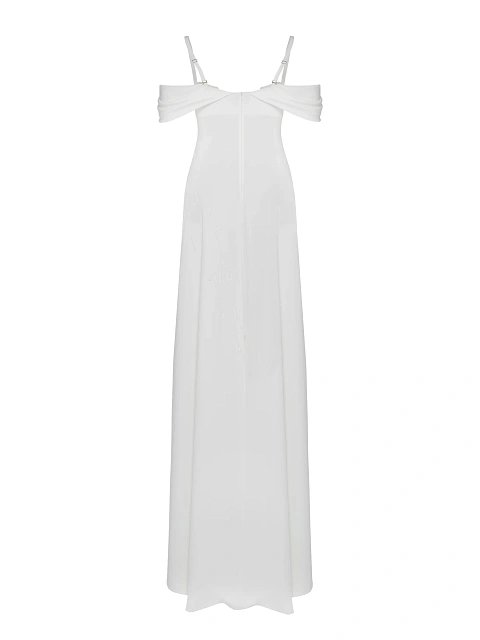 White Beaded Flowers Silk Maxi Dress, 2