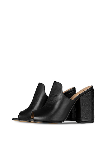 Black Leather Heeled Mules, 1