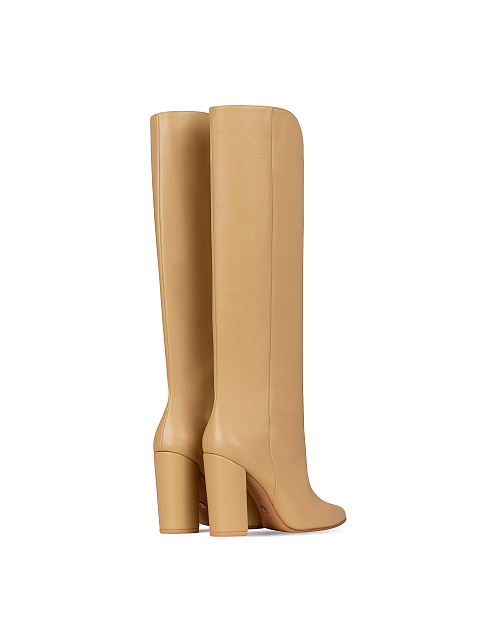 Beige Leather Heeled Tall Boots, 3