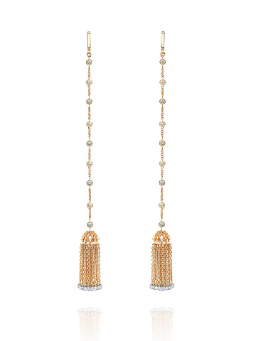Yellow gold tassel earrings with diamonds and pearls, 1