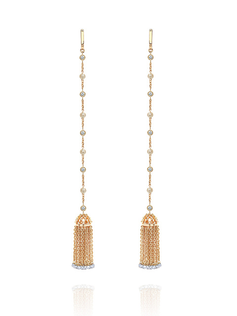 Yellow gold tassel earrings with diamonds and pearls, 1