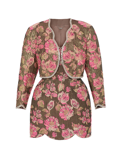 Suit Of Jacket And Mini Dress With Floral Pattern And Pearls, 1