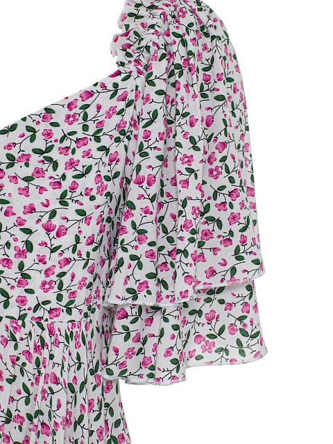 White & Pink Floral Print Cotton Mini Dress With Ruffles, 3 White & Pink Floral Print Cotton Mini Dress With Ruffles, 3