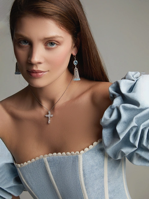 2 Heart Topaz Sky & Briolette Topaz Sky & White Gold Tassel Earrings, 3