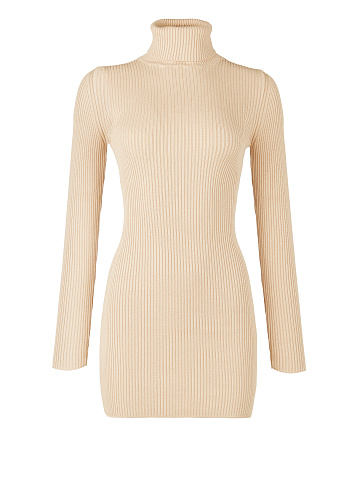 Beige Green Rib Knit Turtleneck Mini Dress, 1