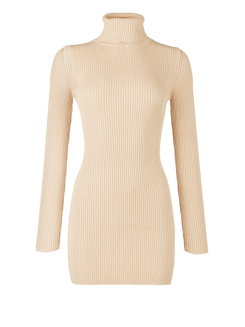 Beige Green Rib Knit Turtleneck Mini Dress, 1