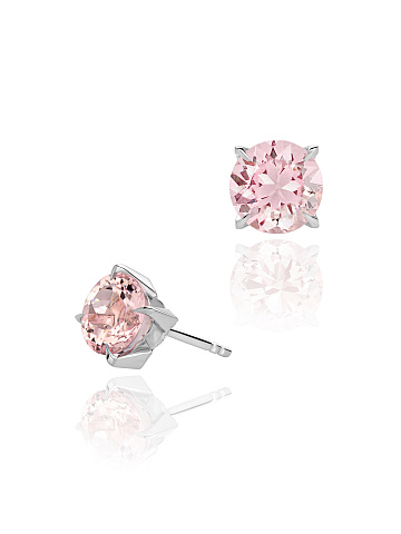 Round Morganite, Round Diamond & White Gold Earrings, 1