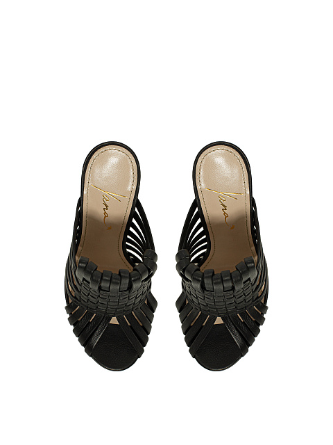 Black Woven Leather Heeled Mules, 4