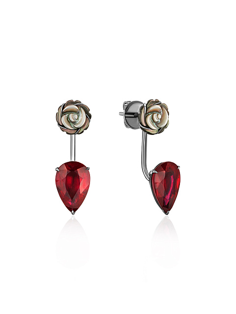 Blackened gold earrings with mother-of-pearl and ruby, 1 Blackened gold earrings with mother-of-pearl and ruby, 1