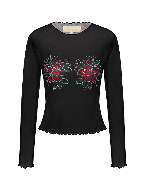 Black Rhinestones Rose Mesh Longsleeve, 1