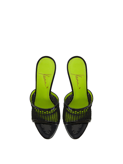 Black Patent Leather Mesh Mules, 4