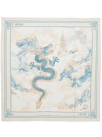 Beige & Light Blue Printed Silk Scarf, 1