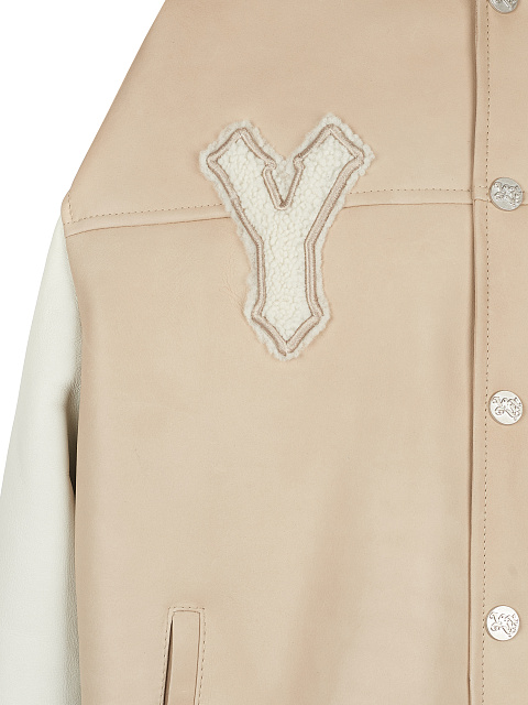 Beige Oversized Shearling Varsity Jacket, 4