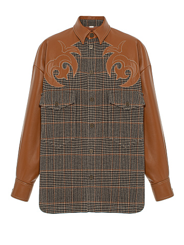 Brown Leather Trim Houndstooth Wool Shirt, 1