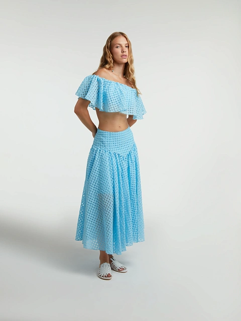 Blue Checked Chiffon Top & Midi Skirt, 6