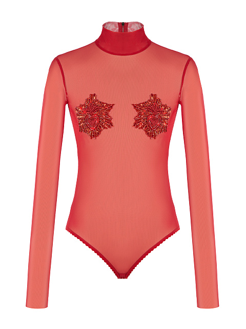 Red Embroidered Mesh Bodysuit, 1