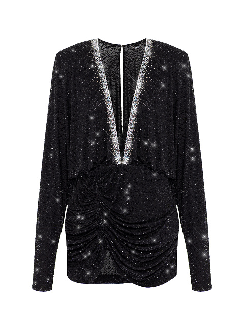 Black Rhinestones V-neck Mini Dress, 1