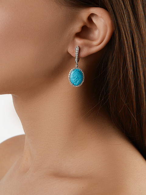 White Gold, Diamonds & Turquoise Cameo Earrings, 2
