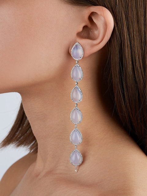 Long white gold earrings with cabochon-cut chalcedony and diamonds, 2