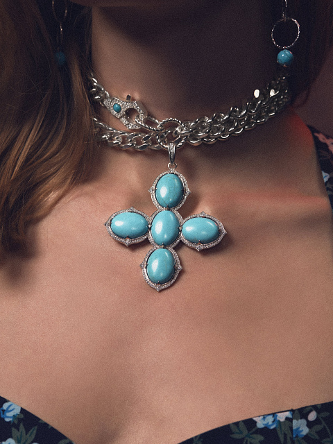 Cabochon Turquoise & Cubic Zirconia & Silver Chain, 3