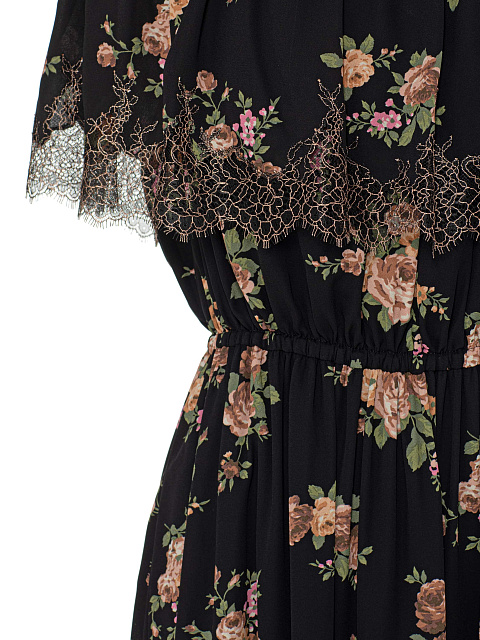 Black silk midi dress with floral print, 3
