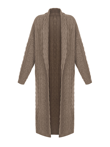 Brown Cashmere Cable Knit Long Cardigan, 1