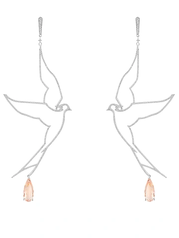 White gold bird-shaped earrings with round-cut diamonds and morganite, 1