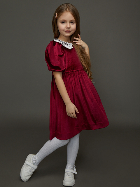 Bordeaux Lace Collar Velvet Girl's Dress, 2