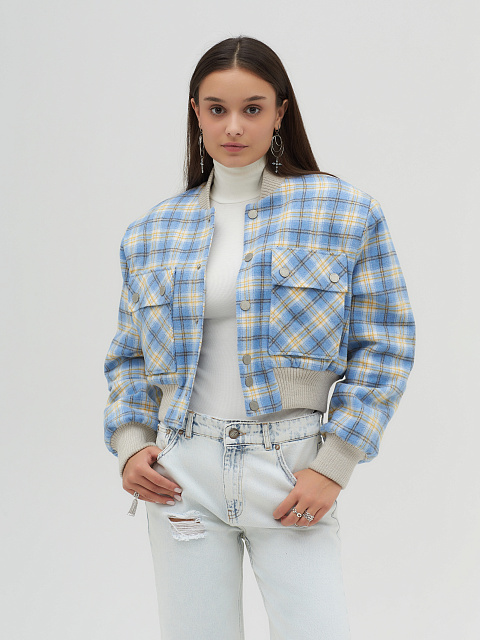 Light Blue Plaid Cropped Bomber Jacket, 5