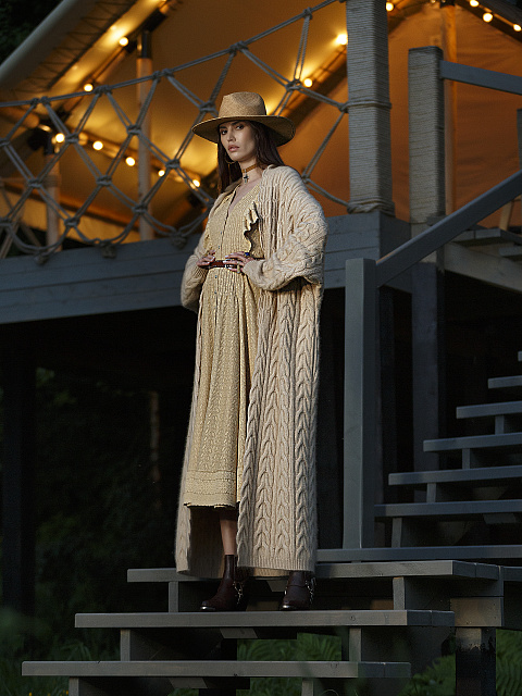 Beige Cashmere Cable Knit Long Cardigan, 3