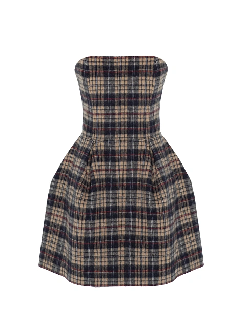 Beige Check Wool Mini Dress, 1