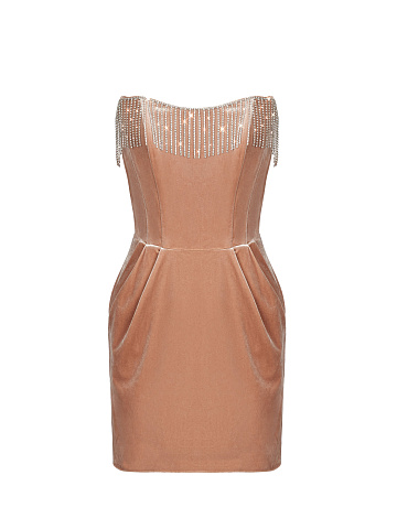 Beige Velvet Fringed Mini Dress, 1